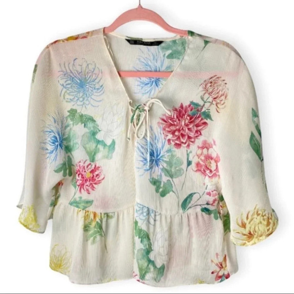 Zara  Basic Ivory Floral Lace Up Peplum Blouse - Picture 2 of 8
